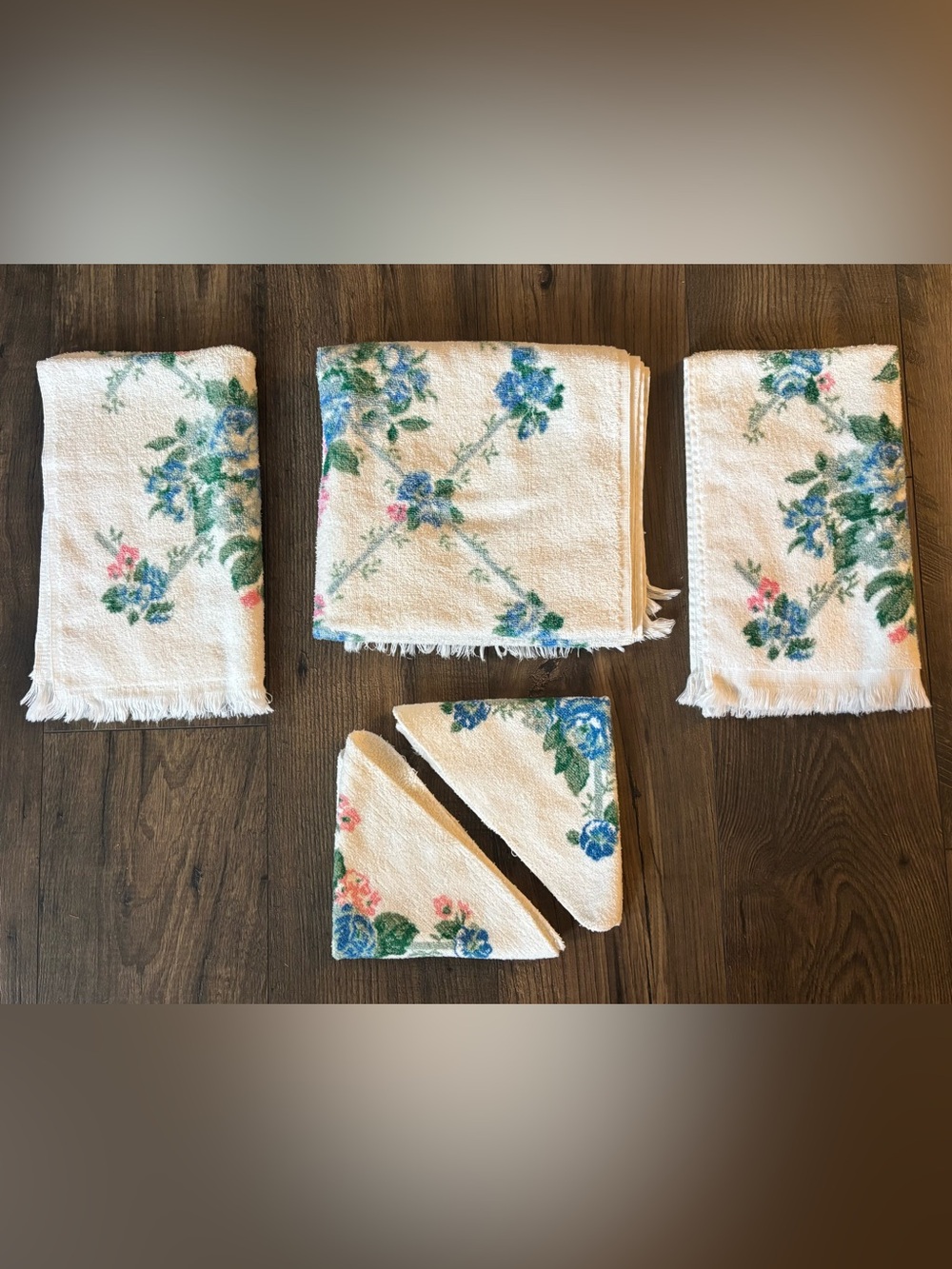 Vintage Cannon Towel Set 5 Piece Floral Blue Green & White Cotton